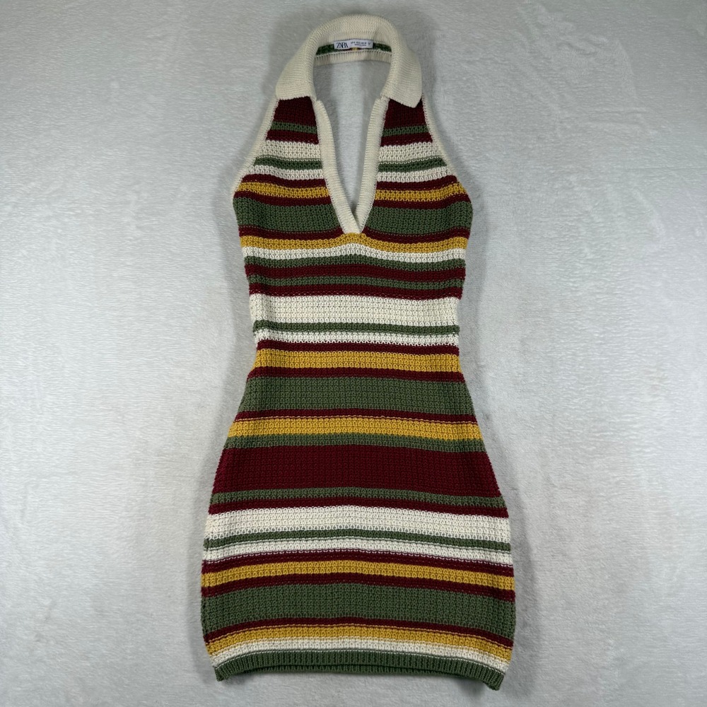 Zara Womens Striped Halter Mini Dress Green Red Yellow Small 4813/812/071